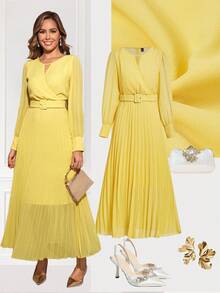 Ellevyn Women's Elegant Cream Yellow Pleated Hem Dress - Yellow - View 9