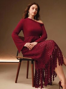 Anewsta 大码女式勃艮第红色圣诞针织不对称肩部设计拼接蕾丝修身高腰连衣裙，秋冬 - 酒紅色 - 查看 1