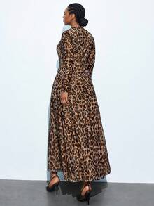 Maija Plus Size Women's Elegant Brown Leopard Print Maxi Dress, Autumn High Waist A-Line Fitted Gown,Night Out Club Party Holiday Vacation Outfit - Multicolor - View 2