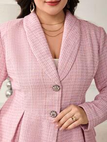 Reflora Plus Size Women Lapel Long Sleeve Flared Pastel Pink Jacket/Winter - Pink - View 7