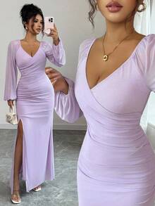 Selianne 女式纯色甜心领灯笼袖褶饰开衩下摆修身优雅连衣裙 - 紫色 - 查看 1