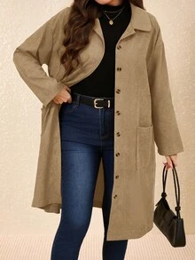 EMERY ROSE 加大码棕色乡村灯芯绒双口袋纽扣门襟中长外套，秋季长款外套，冬季乡村音乐会外套 - 卡其色 - 查看 1