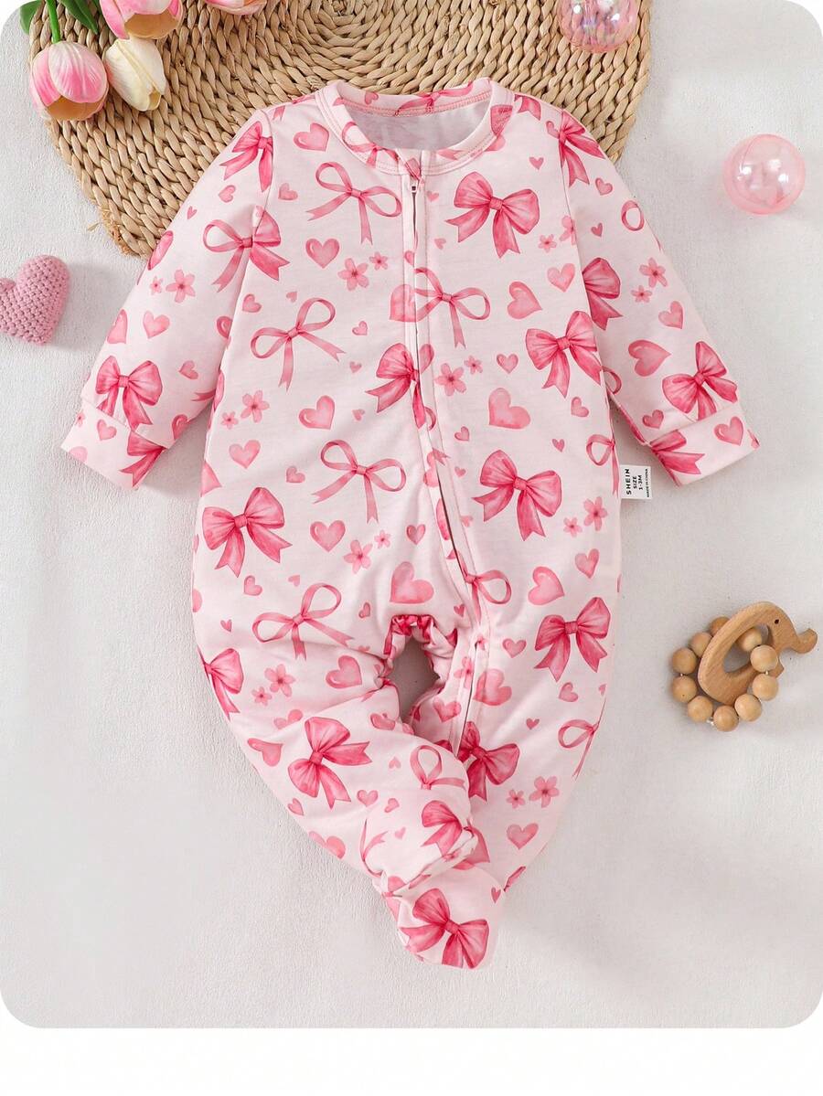 SHEIN Dozemod 儿童新生儿女宝宝简约蝴蝶结图案圆领长袖前拉链连体衣家居服 - 淺粉色 - 查看 1