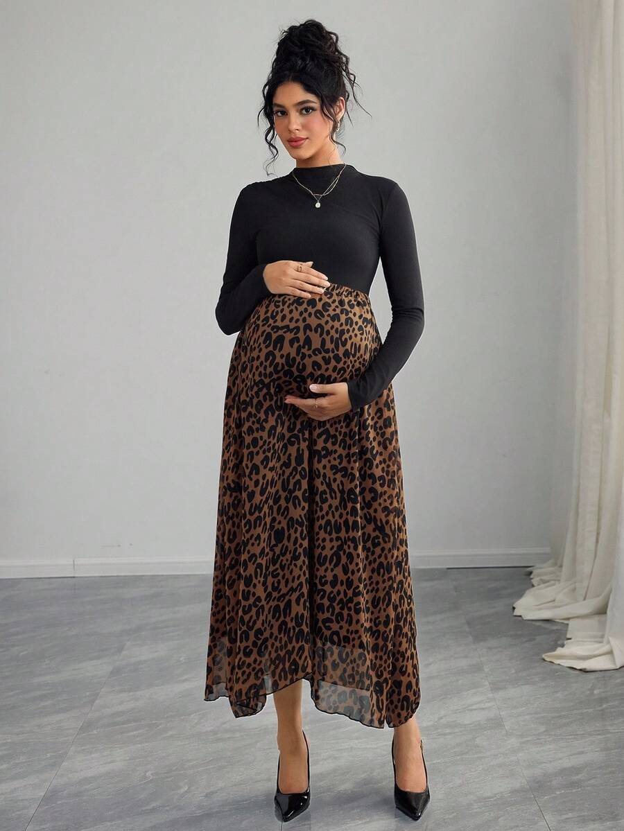 Momance Maternity Solid Stand Collar Long Sleeve T-Shirt And Leopard Print Midi Skirt Elegant 2-Piece Set, Autumn - Multicolor - View 1