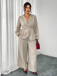Firerie Plus Size Elegant Solid Color Blazer And Pants Set, Suitable For Commuting - Apricot - View 1