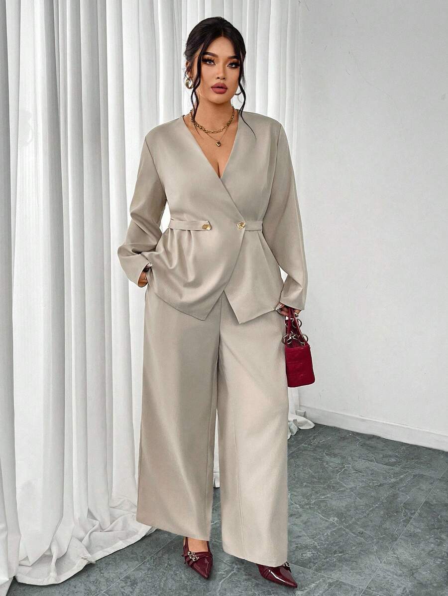Firerie Plus Size Elegant Solid Color Blazer And Pants Set, Suitable For Commuting - Apricot - View 1