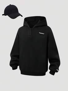 少女休闲日常百搭舒适字母贴布宽松长袖针织卫衣，适合上学、花园、海滩、生日、春、夏、秋、冬等各种场合。 - 黑色 - 查看 2