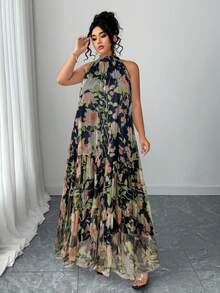 Elenzga Váy lưới họa tiết hoa không tay bằng vải voan thanh lịch dành cho nữ cỡ lớn - màu đen - Xem 7