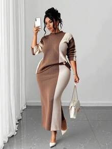 Elenzga Plus Size Autumn/Winter Casual Colorblock Patchwork Knit Top & Skirt Set - Multicolor - View 5