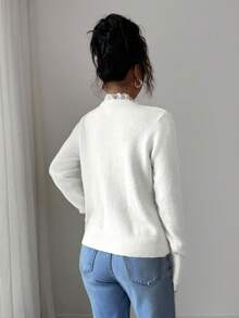 Elenzga Áo khoác cardigan nữ thanh lịch phối ren hoa, thích hợp mùa thu/đông, có cúc và nơ đính đá, kiểu dáng dễ thương, phù hợp dự tiệc, phối màu trắng, Giáng sinh và năm mới. - trắng - Xem 2