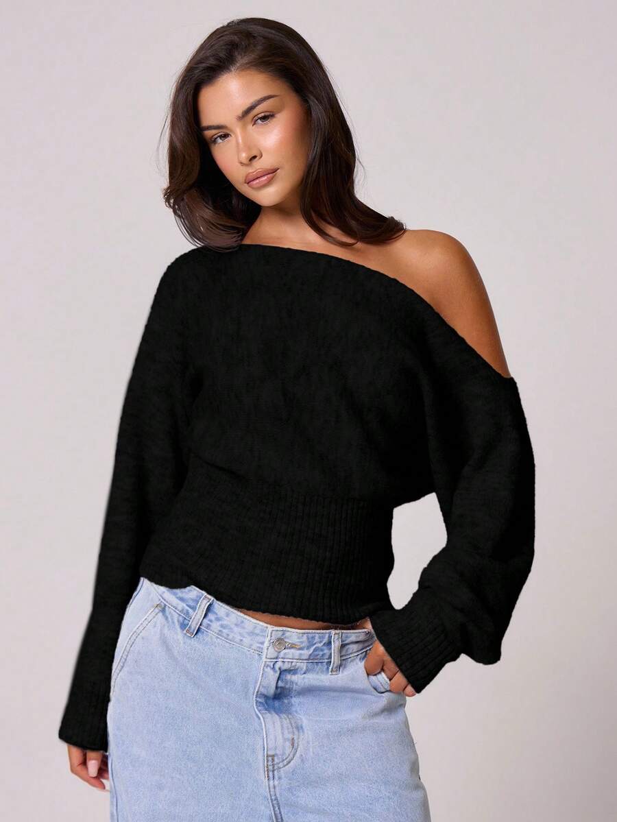 MUSERA Cinched Mini Off The Shoulder Long Sleeve Dress Fall Autum Winter Cosy Everyday Spring Sweater Vacation - Black - View 1