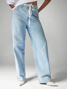 MISSGUIDED 棉质高腰阔腿牛仔裤，腰部抽绳，复古 Y2K 时尚休闲牛仔裤，适合秋冬春季 - 中等水洗藍 - 查看 1