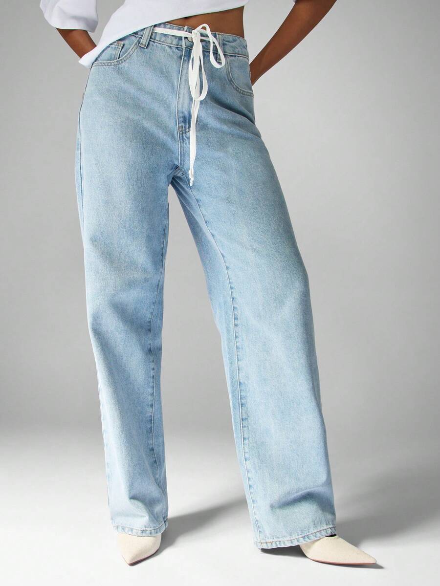 MISSGUIDED 棉质高腰阔腿牛仔裤，腰部抽绳，复古 Y2K 时尚休闲牛仔裤，适合秋冬春季 - 中等水洗藍 - 查看 1