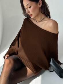 Aloruh Y2K 风格百搭不对称肩长袖修身腰身毛衣裙，休闲/通勤，秋冬复古美式美学