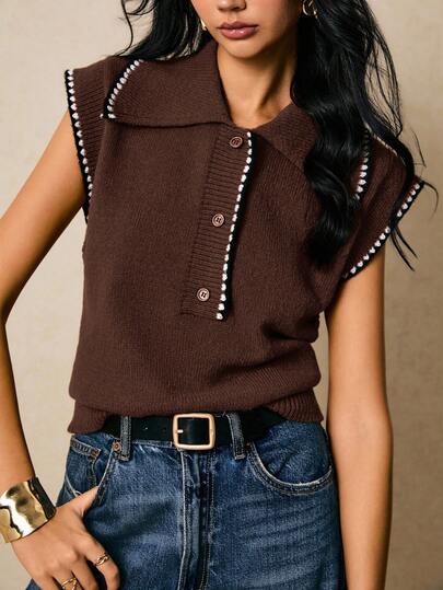 Poéselle 女士休闲宽松针织 Polo 领背心，秋冬