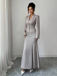 Modelyn 女式梭织条纹长袖开衫和裙子套装 - 卡其色 - 查看 3