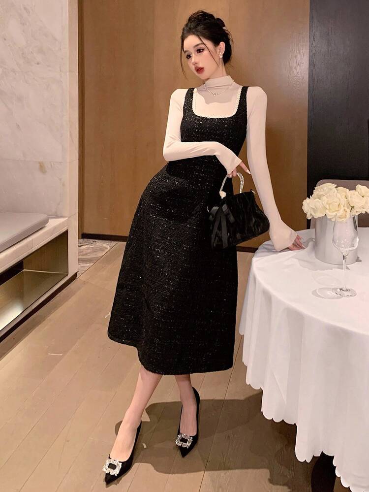 Women's Elegant Solid Color Square Neck Sleeveless Mid-Length Dress, Suitable For Party, Autumn Prom Dress