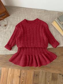 SHEIN LMoss Kids LMoss 女婴 Babygirl 两件套卡其色长袖毛衣和松紧腰荷叶边下摆短裙套装，秋冬 - 紅色 - 查看 4
