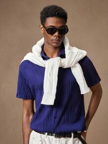 Manfinity VCAY Camisa Casual De Manga Corta De Punto De Moda De Color Sólido Para Hombres - Azul Marino - Ver 3