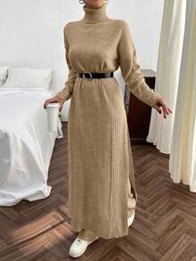 EURMUSE Women Solid Color Rib Knit Turtleneck Slit Detailed Long Sweater Dress & Sweater Pants Set - Camel - View 6