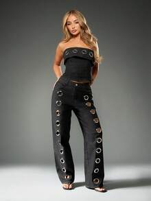 MISSGUIDED Cotton Trendsetting Denim Corset Top Strapless Metal Eyelet Embellished Fold Over Dark Wash Statement Bustier Street Style Festival Chic