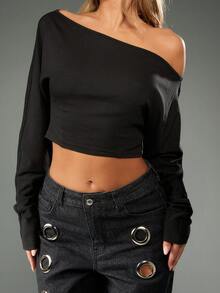 MISSGUIDED Áo nỉ cotton hở vai tay dài croptop có chi tiết lỗ kim loại thời trang sành điệu cho mùa thu đông, tiệc tùng thường ngày, câu lạc bộ đêm - màu đen - Xem 4
