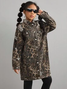 Tween Girls' Y2k Fashion Cool Leopard Print Denim Lapel Long Sleeve Distressed Ripped Long Jacket Fall Winter,For Girls Fall/Winter Dailywear Costume,Girls Streetwear Outfits,Halloween And Christmas Outfits,Girls Winter Jacket,Teen Jacket,Winter Clothes