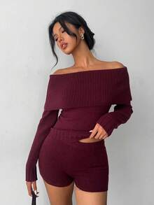 Aloruh 红色露肩针织毛衣和针织短裤套装，休闲家居服和户外装 - 酒紅色 - 查看 6