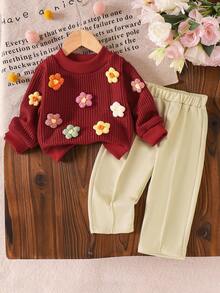 SHEIN Vintaside Kids Baby Girl Blue Knitted 3D Floral Pullover Sweater + Straight Leg Pants Set, Autumn/Winter Fall - Red - View 1