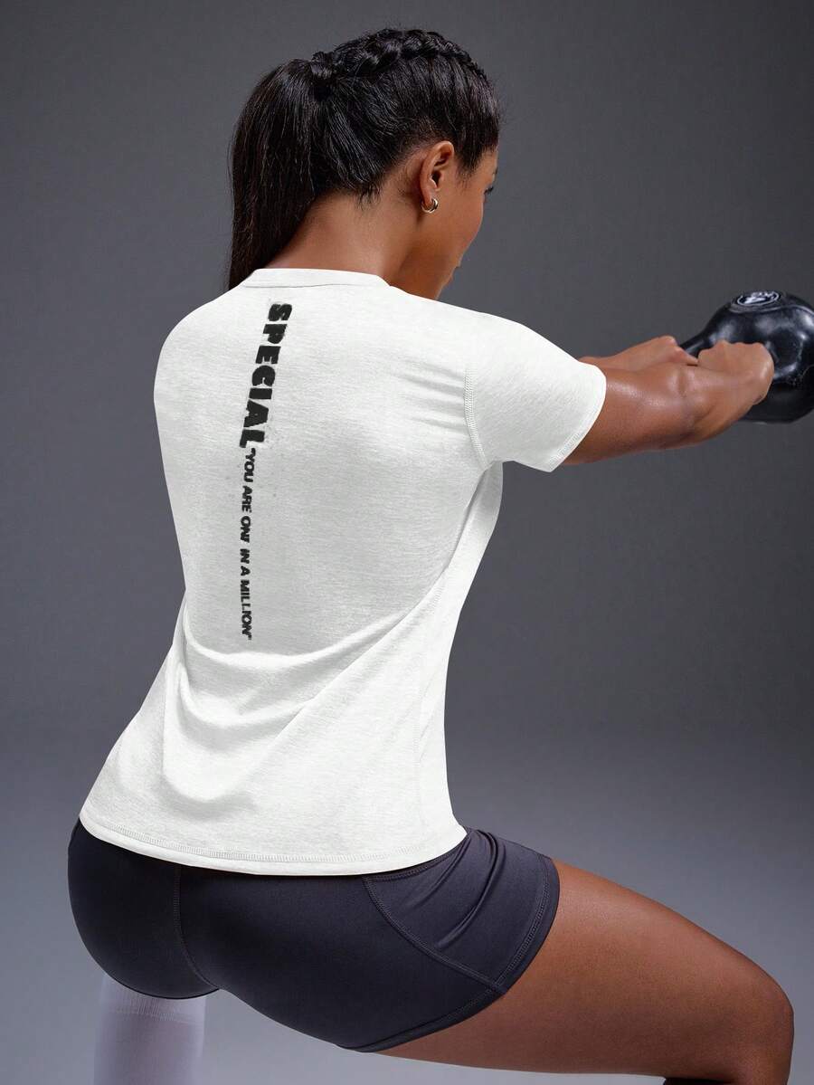 Powerista 标语印花圆领休闲运动T恤健身房女士衬衫 - 白色 - 查看 1