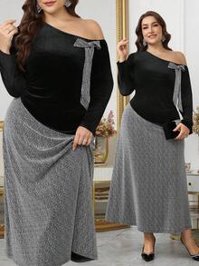 Modelyn Plus Size Women Patchwork Oblique Shoulder Bow Knit Dress - Multicolor - View 1
