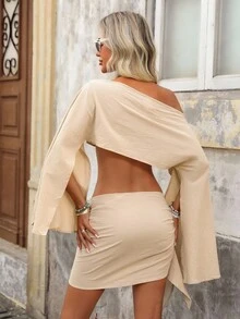 Brillora 2 件套女士休闲纯色编织露肩短款上衣和 A 字迷你裙海滩度假装 - 卡其色 - 查看 2