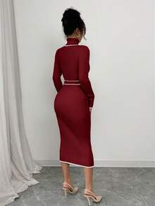 Selianne Women's Elegant Turtleneck Fitted Ribbed Texture Bowknot Sweater Dress - Burgundy - View 2