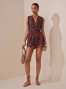 Zivah 2025 Spring And Summer New Music Festival Bohemian Vacation Sexy Party Party Sleeveless Cross Halter Tie Waist Section Backless Wide-Leg Shorts Diamond Pattern Plaid All-Over Pattern Style Printed Women's Jumpsuit - Red - View 3