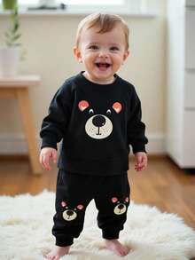 SHEIN 新生儿休闲可爱熊印花上衣和裤子套装 - 黑色 - 查看 3