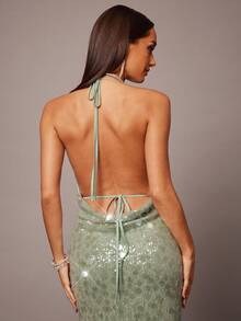 Silquee Đầm bodycon hở lưng đính sequin cổ khoét sâu dành cho nữ - Màu xanh Bạc hà - Xem 7