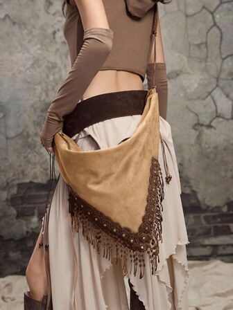 Fairycore Bolso de mano con diseño de flecos y borde floral bordado