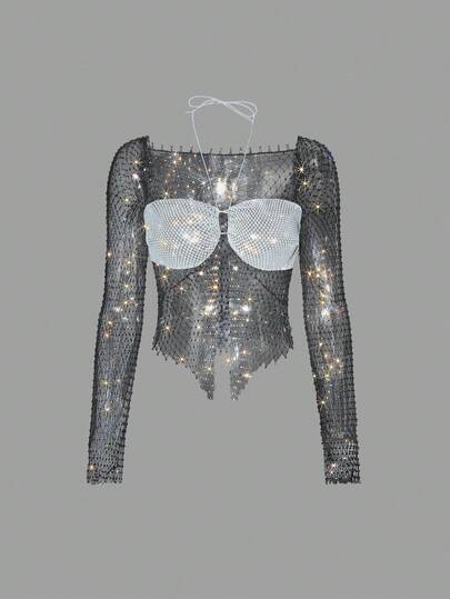 EgrlEra 女士水钻渔网短款上衣，适合酒吧、派对、音乐节