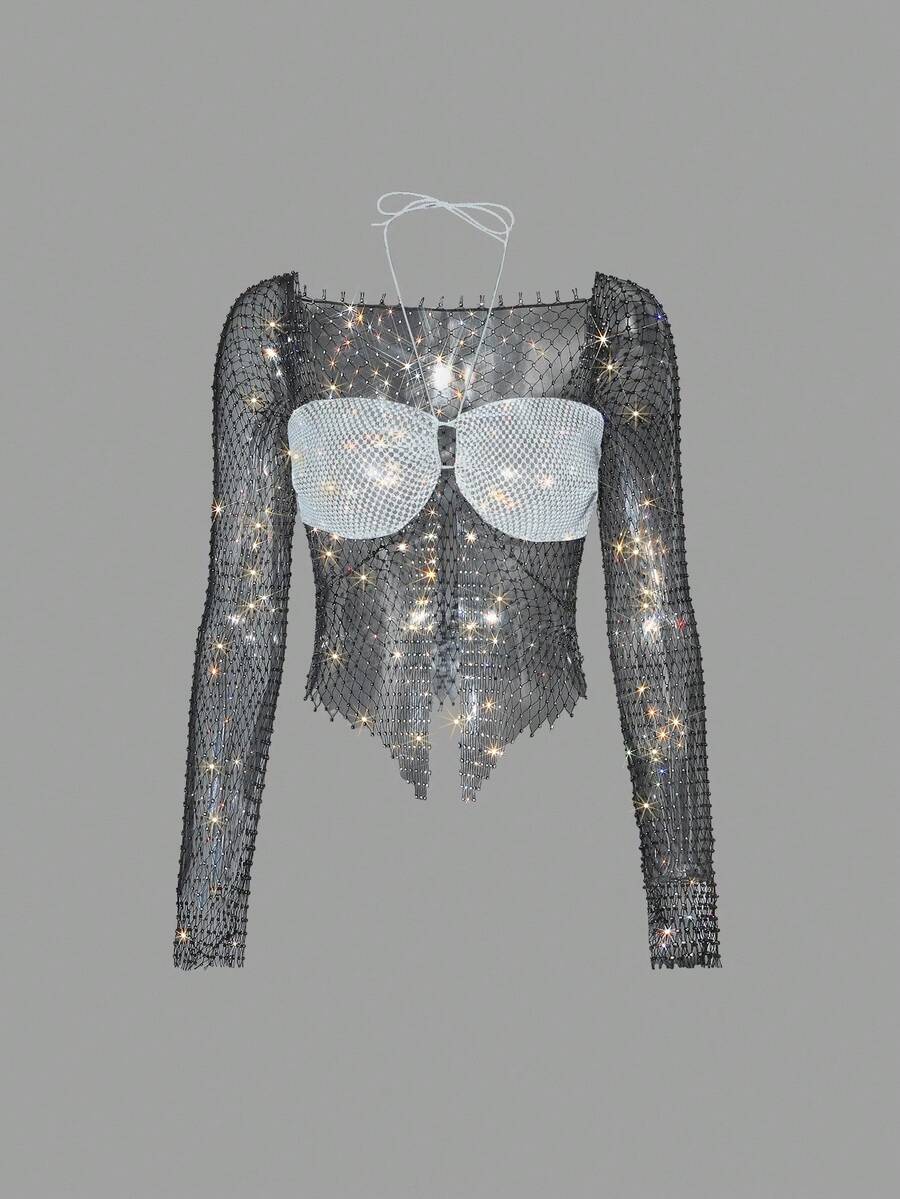 EgrlEra 女士水钻渔网短款上衣，适合酒吧、派对、音乐节 - 彩色 - 查看 1