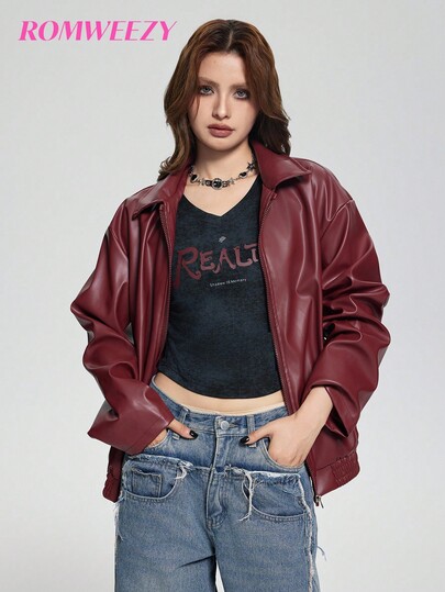 SHEIN Women's Punk Style Lapel Zipper Leather Jacket, Autumn/Winter