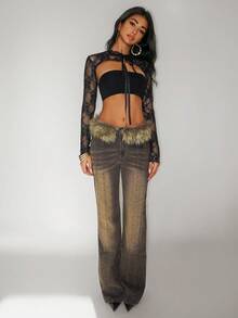 Jeanoix Jeans a vita bassa con gamba a zampa di Y2K Stile Streetwear Retrò