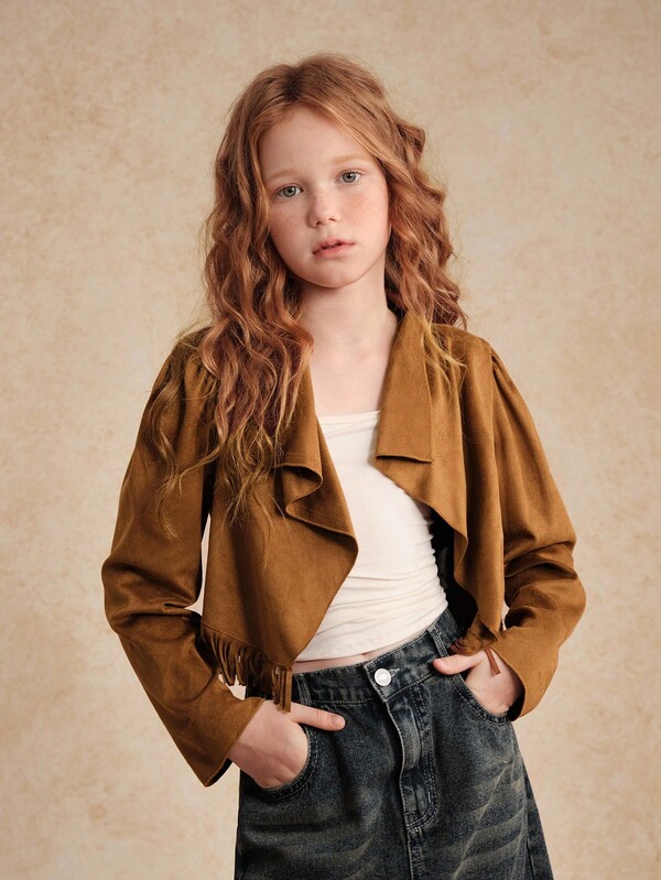 Tween Girls Fashion Casual Faux Suede Lapel Bubble Long Sleeve Fringe Hem Retro Hip Hop Cardigan Jacket Fall Winter