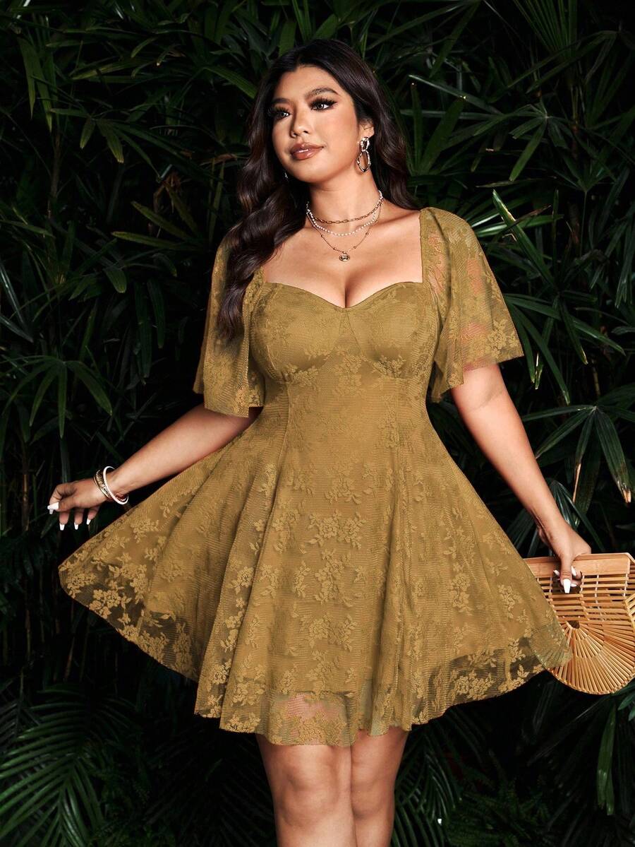 Flirla Plus Size Casual Solid Color Waist Cinched Short Sleeve Lace Dress - Brown - View 1