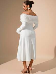 MaterniChic Elegantes Umstandskleid Einfarbig mit Schulterausschnitt und Langarm für schwangere Frauen - Weiss - Übersicht 2