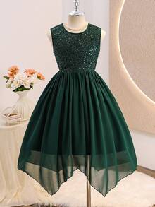 Tween Mädchen Elegant Hochwertig Ärmellos Pailletten Taille Eng anliegend Asymmetrischer Saum Kleid, Smaragdgrün - Dunkelgrün - Übersicht 7