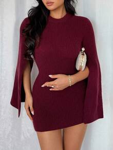 Islaluna Women's Elegant Minimalist Versatile Design Fashionable Split Hem Long Sleeve Fitted Sweater Burgundy Formal Clothing