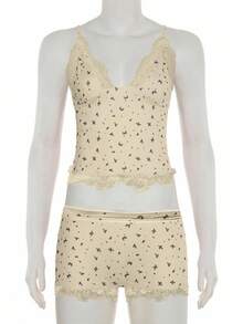 Jouncy 2pcs Women Lace Print Cami Top & Shorts Set - Yellow - View 4