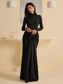 Lyxana Women's High Neck Long Sleeve Backless Ruched Slim Fit Dress - Black - View 8