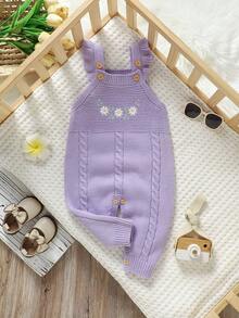 SHEIN 1 件女婴粉色荷叶边吊带连体衣，精致刺绣连体衣，婴幼儿针织，时尚甜美服装