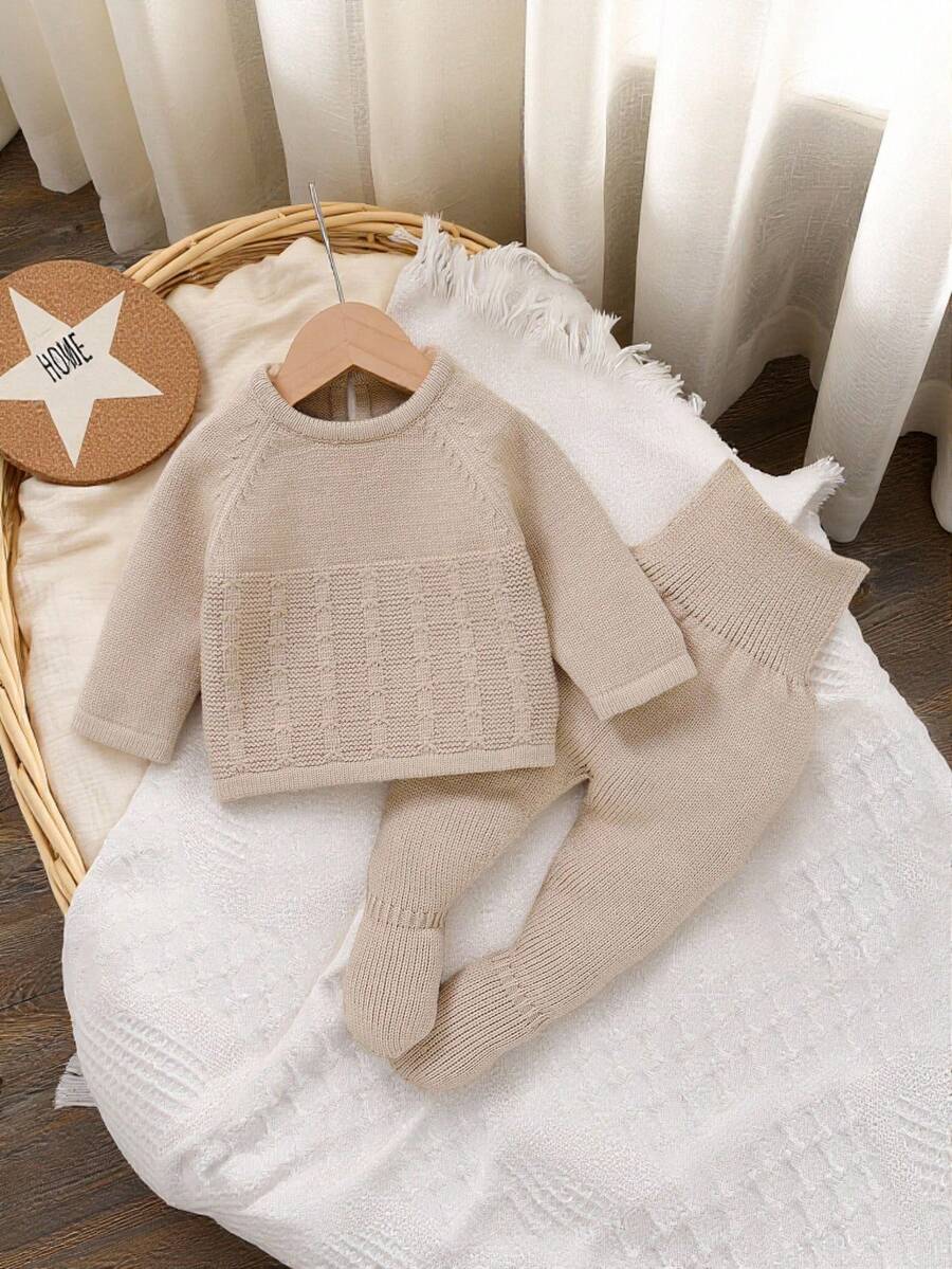 SHEIN 2 件卡其色幼儿针织套装 | 圆领套头毛衣 + 高腰护腹打底裤，休闲基本款 - 卡其色 - 查看 1
